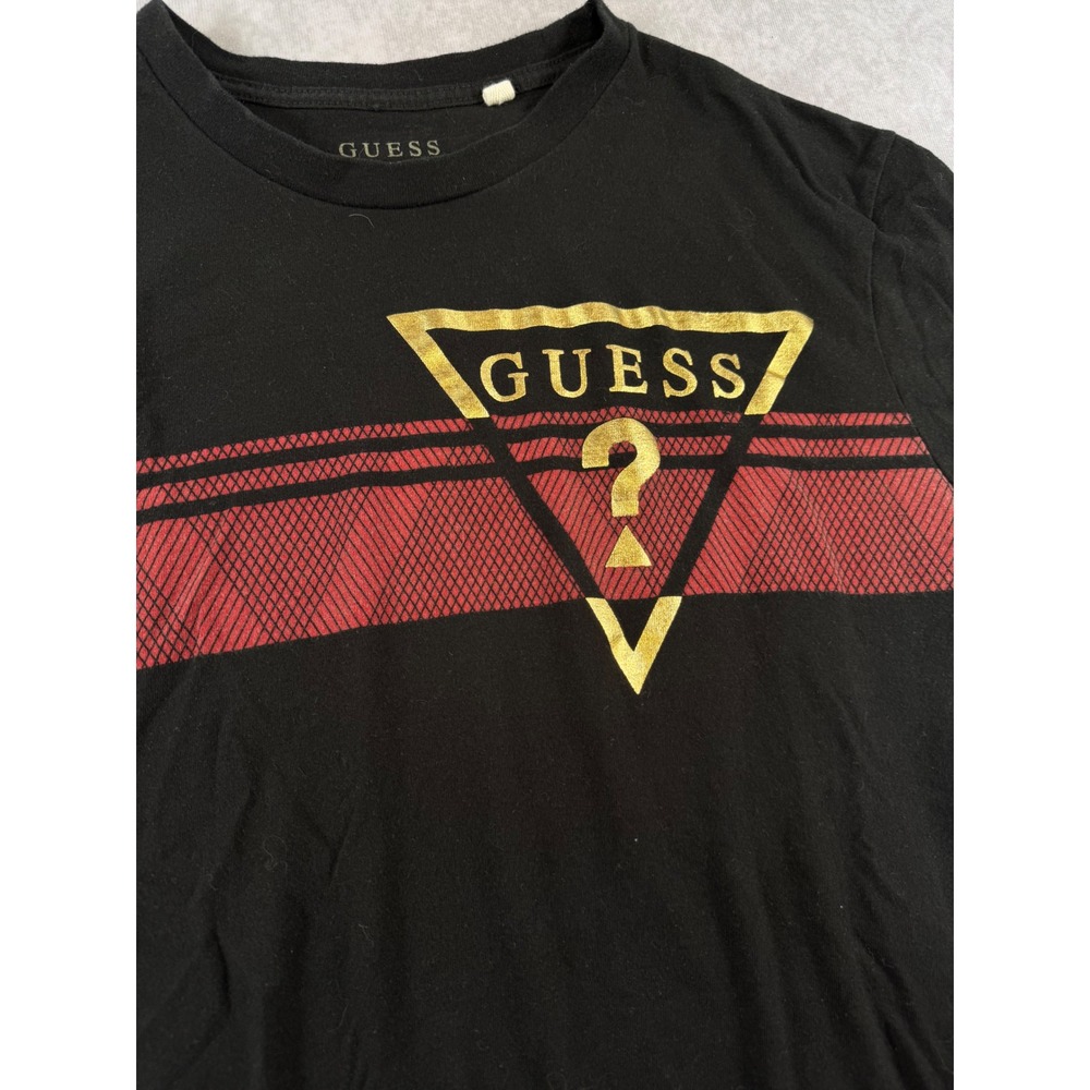 Guess Los Angeles Mens Black Gold Triangle Logo Red Stripe T-Shirt Large - Picture 2 of 5